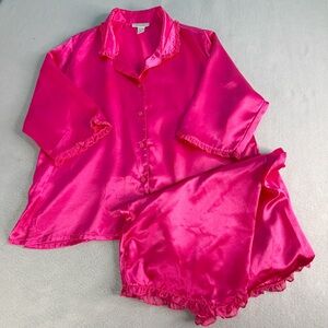 Morgan Taylor Intimates Pajama Set Women’s XXL Pink Satin Cropped Ruffle Trim